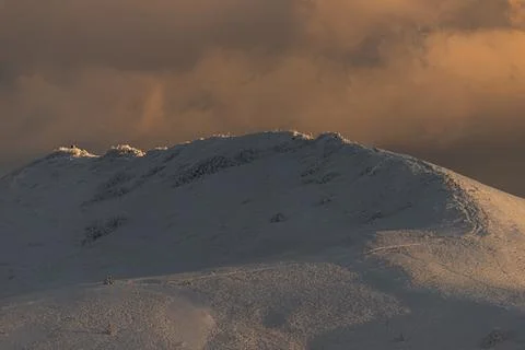 Close up view of snow covered mountain peak Polonina Wetlinska in Bieszczad.. Stock Photos