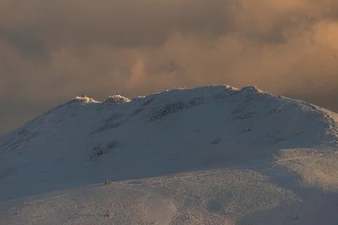 Close up view of snow covered mountain peak Polonina Wetlinska in Bieszczad.. Stock Photos