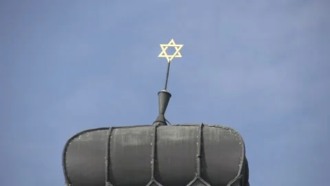 Close-up view of the Sofia Synagogue dome with golden Star of David against 스톡 동영상 329458249