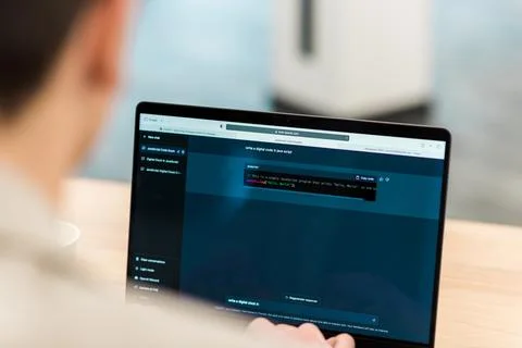Close view of a software developer generating code in an AI chat by giving a  写真素材