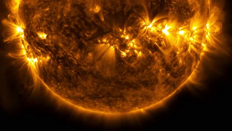 A close-up view of the Solar flares on the surface of the sun. Stock Footage 142380367