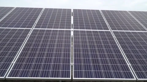 Close up view of the solar panels in long row, alternative power station Stock Footage 160113307