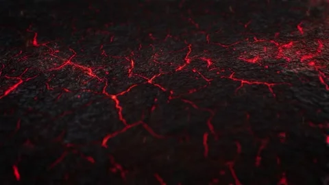 Close up view of solidified cracked lava ground with glowing red molten veins Stock Footage 327519148