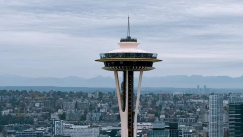Close up view of Space Needle monument in Seattle, downtown. Stock Footage 321791584
