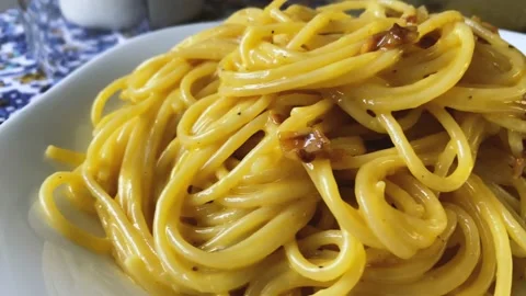 Close-up view of spaghetti carbonara Stock Footage 141187889