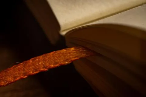Close-up view of a spiral notebook showcasing a vibrant bookmark and blank pages Stock Photos