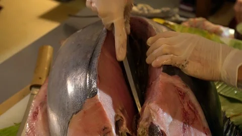 Close View of Splitting Huge Tuna Fish Stock Footage 92107384