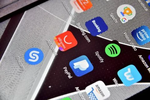 Close-up view of Spotify icon app on an Android smartphone, including other i Stock Photos