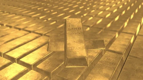 Close-up view of stack fine gold bars. 3D Rendering. Stock Footage 200855513