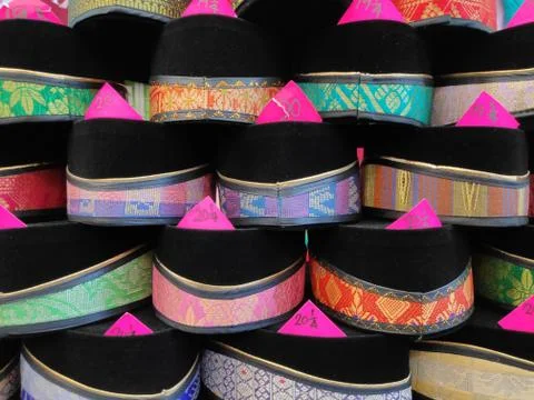 Close up view stack of Songkok or traditional songkok hat for muslims Stock Photos
