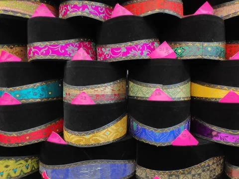 Close up view stack of Songkok or traditional songkok hat for muslims Stock Photos
