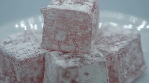 A close up view of stacked up pink Turkish delights. Stock Footage 201210532