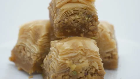 A close up view of stacked up Turkish baklava. Stock Footage 201211425