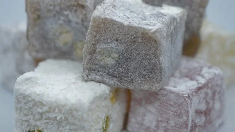 A close up view of stacked up Turkish delights and nougats. Stock Footage 201210036
