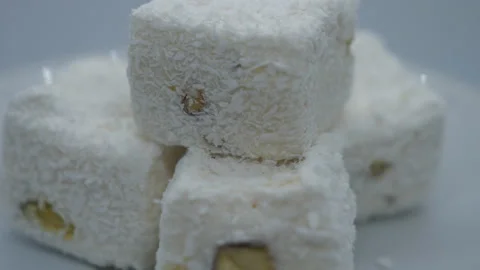 A close up view of stacked up Turkish nougats. Stock Footage 201210266