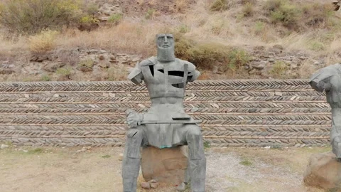 Close up view of statue by Gori castle. The memorial of georgian warrior hero Stock Footage 147981821