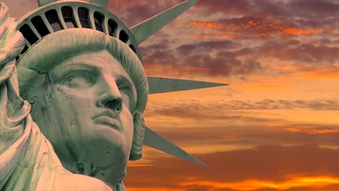 Close up view of the Statue of Liberty - sunrise sky with clouds - time lapse Stock Footage 148988890