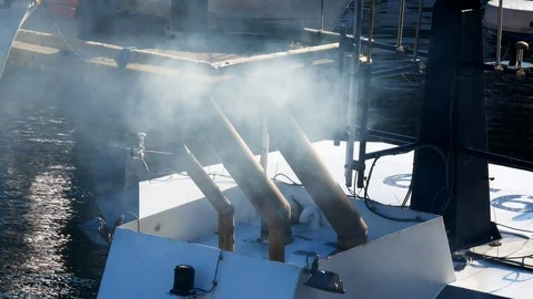 Close up view of steam pollution coming from inside a boat or ferryboat. Stock-Footage 121595338