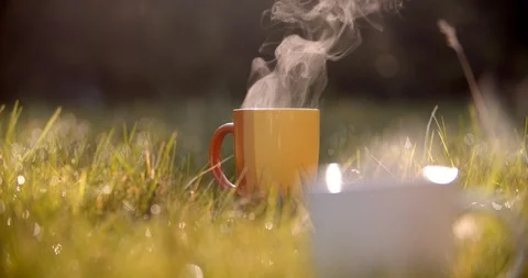 Close-up view of steaming cups with hot drinks in the grass. Stock Footage 128319354