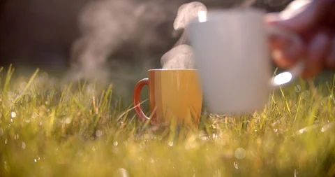 Close-up view of steaming cups. Morning tea ceremony Stock Footage 128324472