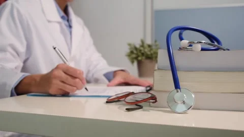 Close up view of stethoscope with books on table and female doctor Stock Footage 251942000