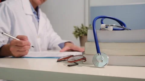 Close up view of stethoscope with books on table and female doctor Stock Footage 251942022