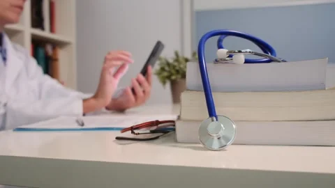 Close up view of stethoscope with books on table and female doctor Stock Footage 251942026