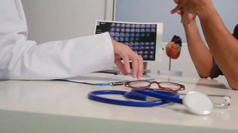 Close up view of stethoscope with books on table and female doctor Stock Footage 251942263
