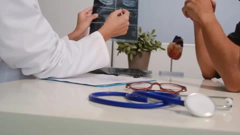 Close up view of stethoscope with books on table and female doctor Stock Footage 251942325