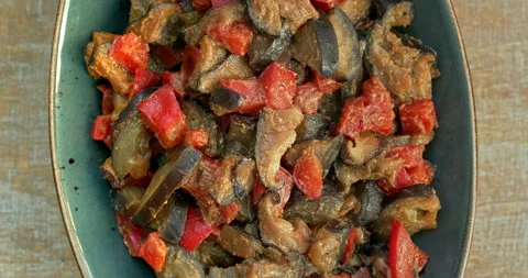 Close-up view of stir-fried eggplant with miso paste. Stock Footage 280437735