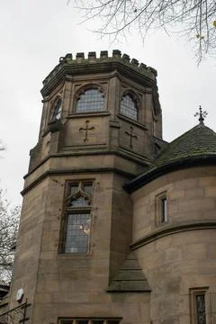 Close up view of stone tower of old building in York England 写真素材
