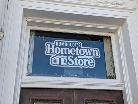 Close view of storefront window “Humboldt’s Hometown Store” Stock Photos