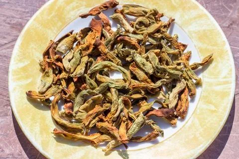 Close-up view of string beans dried under the sunlight on the plate Stock Photos
