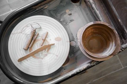 Close up view of string cutter and pottery tools . pottery, workshop, ceram.. Stock Photos