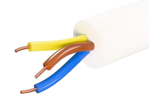 Close up view of stripped electric copper cable showing yellow brown blue Stock Photos