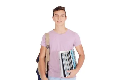 Close up view of student with notebook and bag Fotos de archivo