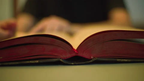Close up view of a student reading a red old book and turning pages slowly. Conc Vidéo 168794019