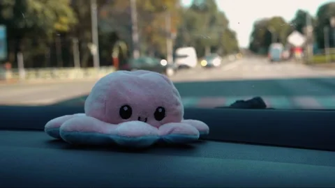 Close-up view of a stuffed toy sitting on the dashboard of a car stopped. Stock Footage 256166998
