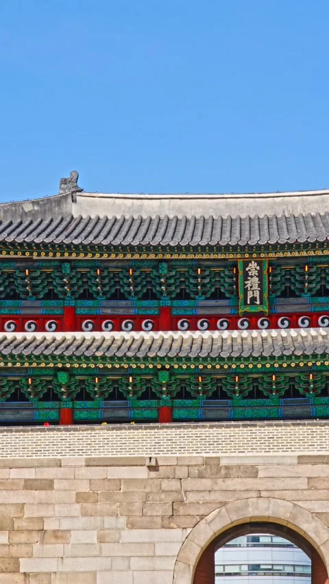 Close up view of Sungyemun Gate rooftop in seoul city with clear blue spring Stock Footage 341840240