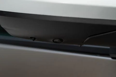 Close up view of surround view camera system on modern car side rear mirror.  Stock Photos