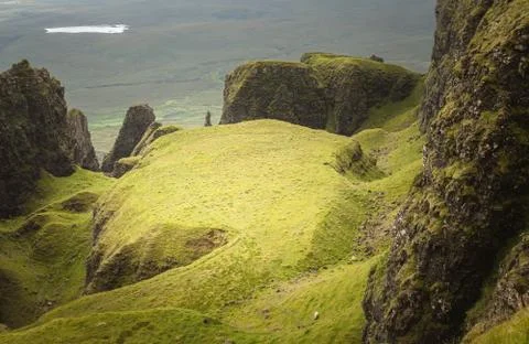 Close up view of the Table rock formation in Quiraing, Isle of Skye, Scotland Stock Photos