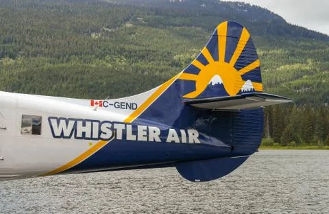 Close up view of the tail of a Whistler Air seaplane Stock Photos
