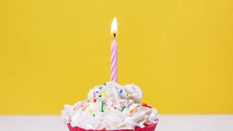 Close up view on tasty capcake with whipped cream and one burning cake candle Stock Footage 160261403