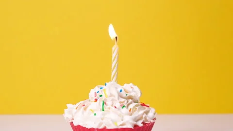 Close up view on tasty capcake with whipped cream and one burning cake candle Stock Footage 160541149