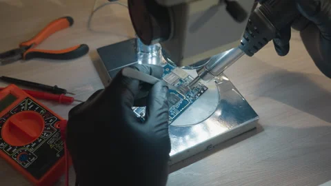Close-Up View of Technician Using Microscope for Circuit Board Repair Video stock 283122910