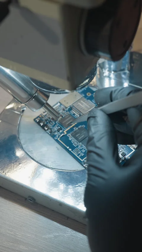 Close-Up View of Technician Using Microscope for Circuit Board Repair Stock Footage 310490850