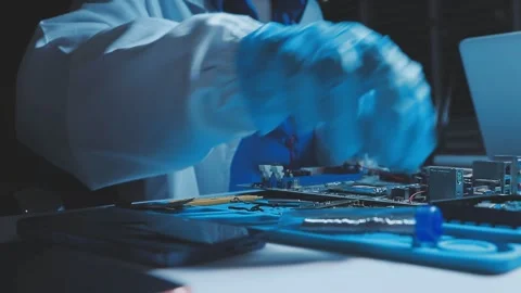 A close-up view of a technician wearing black gloves holding a computer pro.. Stock Footage 335105347