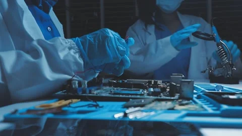 A close-up view of a technician wearing black gloves holding a computer pro.. Stock Footage 335105358