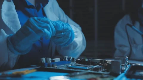 A close-up view of a technician wearing black gloves holding a computer pro.. Stock Footage 335105403