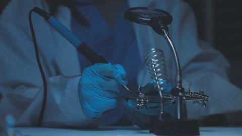 A close-up view of a technician wearing black gloves holding a computer pro.. Stock Footage 335105424